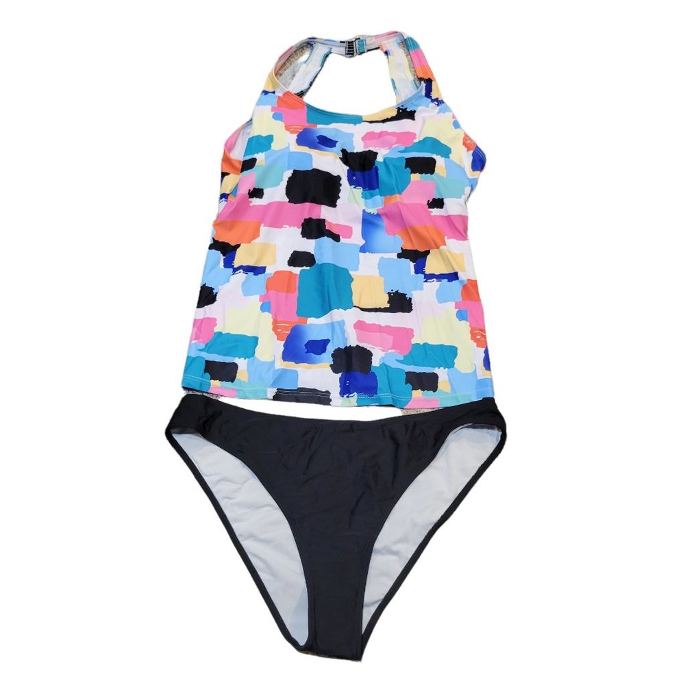 NIB Women's Colorful 2 Piece Tankini Set, Colorful Top and Black Bottoms 2XL